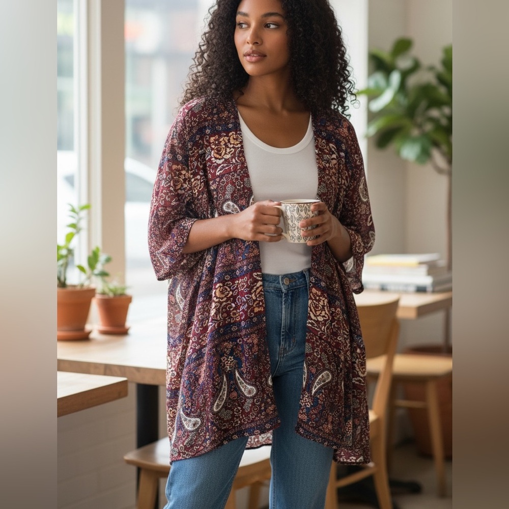 Burgundy kimono with design